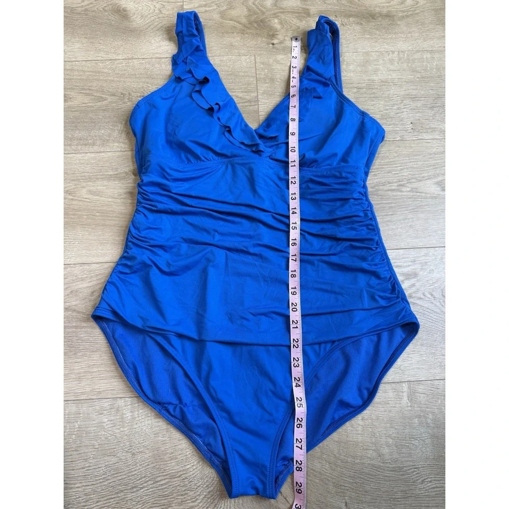 EUC Lauren Ralph Lauren‎ Ruffle Underwire Blue One Piece Tummy Ruched  Size 16